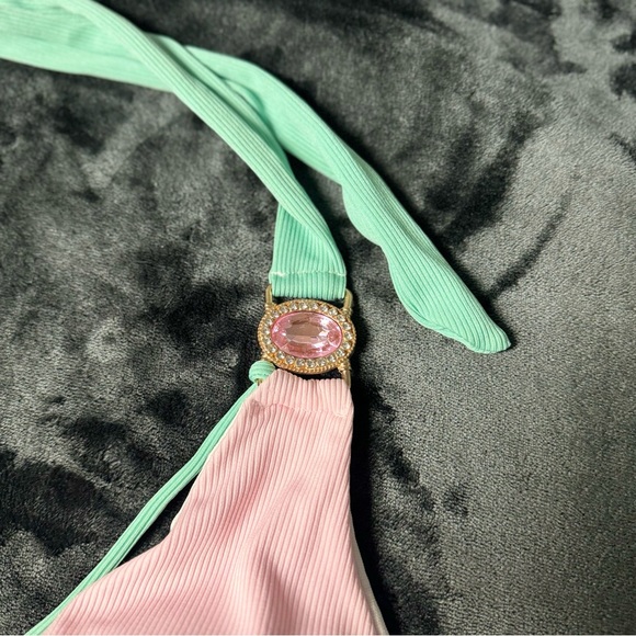 LIGHT PINK MINT RHINESTONE GEM STRAPPY CHEEKY 2PC SWIMSUIT BIKIN - Picture 3 of 9